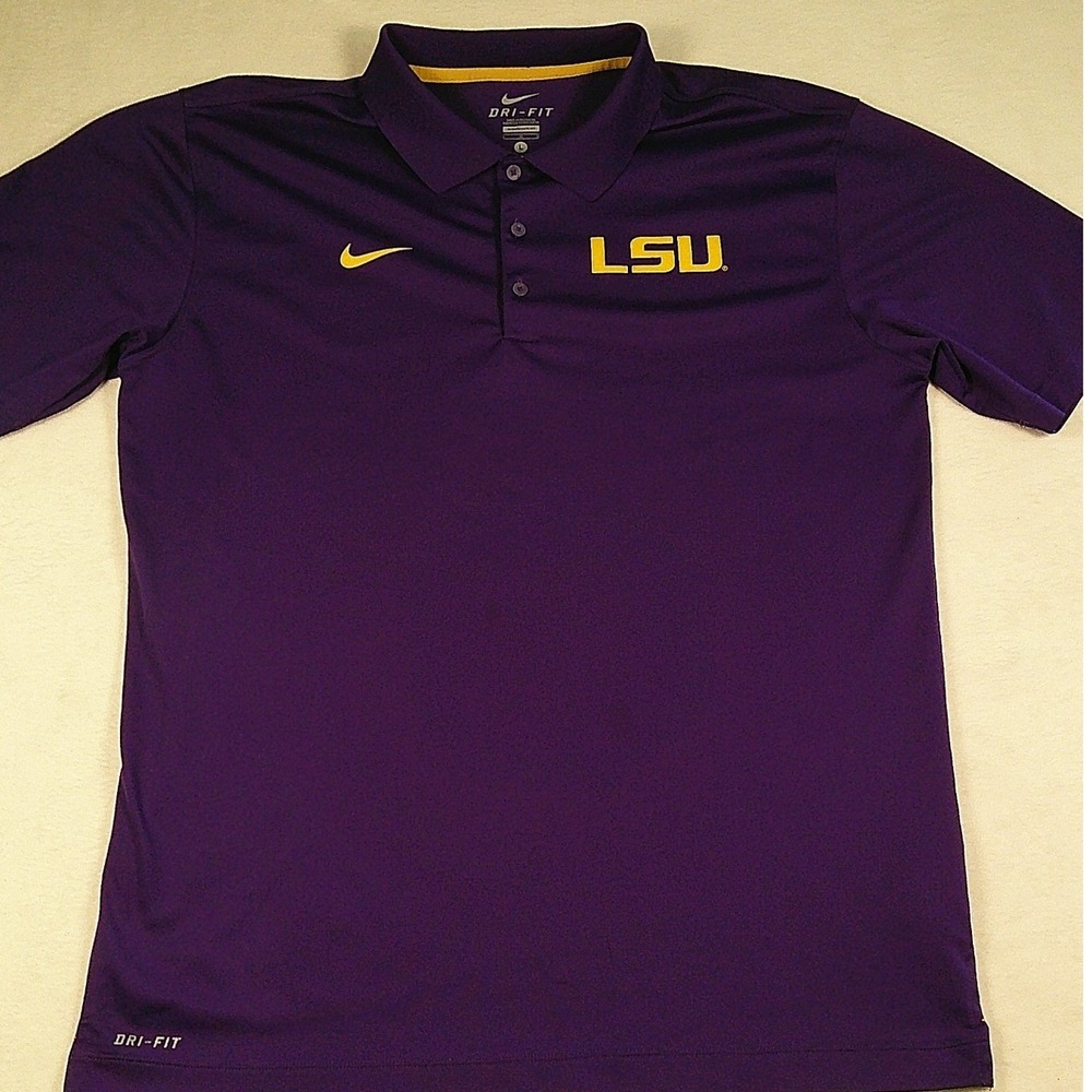 Nike LSU Tigers Dri-FIT Polo Shirt Mens Large Purple Gold NCAA Golf Short Sleeve